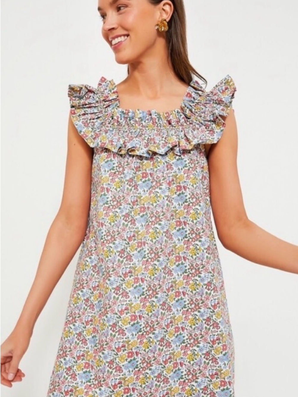 Floral Ruffle Neck Sleeveless Shift Dress - Multicolor